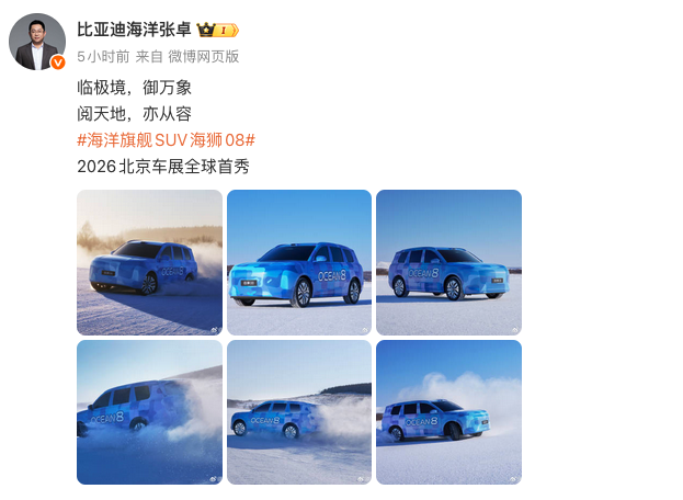 比亚迪海狮08旗舰SUV官宣 2026北京车展全球首秀 后轮转向加持